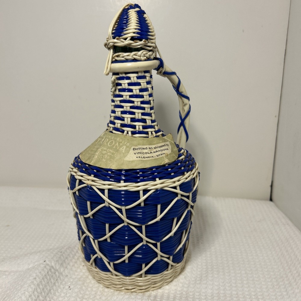 Vintage Blue Woven Plastic Wine Bottle Jug with Lid Spain Not Consumable