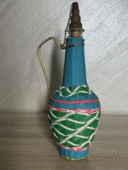 Vintage Spain Wine Bottle Plastic Woven Wicker Metal Handle