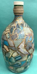 Vintage Green Glass Jug 4 L/1 GalHand decorated Decoupage w Faces 13&Prime; tall