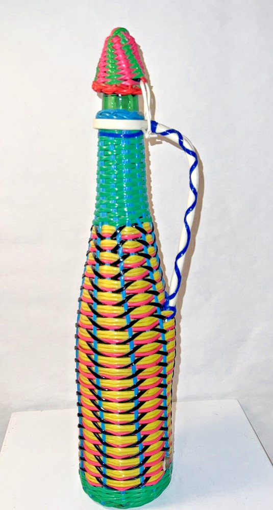 Vintage Viresa Plastic Wicker Wrapped Wine Bottle Boho Chic Spain colorful 15&Prime; H