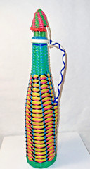 Vintage Viresa Plastic Wicker Wrapped Wine Bottle Boho Chic Spain colorful 15&Prime; H
