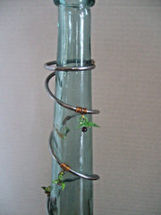 VINTAGE GREEN WINE BOTTLE / VASE Decorated w/Metal, Copper & Plastic Grapes