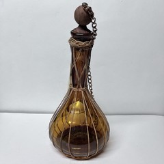 Vintage 10 1/4” Amber Glass Wine Decanter W Spout Rattan Trim & Wood Stopper