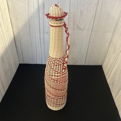 Vintage Plastic Wicker Wrapped Wine Bottle Decanter Mid Century Bohemian Style