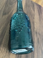 Vintage Teal Glass Bottle 11.25&Prime;H Grape Motif Spanish Glass Wine Carafe