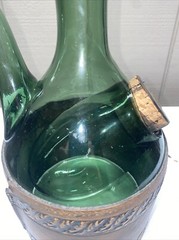 Vintage 1930’s Hand blown Leather Wrap Italian Green Glass Decanter Wine Bottle