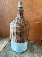 Vintage French Wicker & Aqua Glass Demijohn With Handle