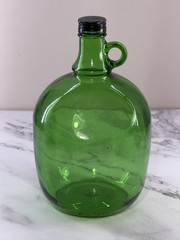 Vintage Green Glass 3 Liter Decanter Jug With Ring Handle And Cap 10.75” x 6.5”