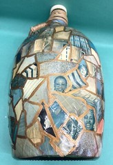 Vintage Green Glass Jug 4 L/1 GalHand decorated Decoupage w Faces 13&Prime; tall