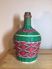 Vintage Viresa Spain Wine Bottle Plastic Woven Wicker Metal Handle Empty Boho