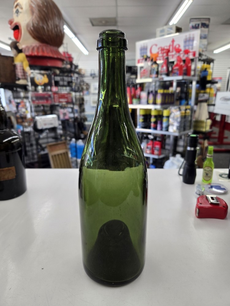 Vintage Hand Blown Dark Green Glass Wine Bottle In Good Condition