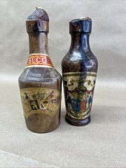 Hand Turned Wood Wine Liquor Bottles Candleholders Candlestick Spain Vintage