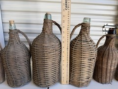 6 Bottles Antique Wicker Wrapped Glass Bottles Lot Handles Tall French Farmhouse