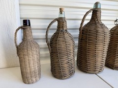 6 Bottles Antique Wicker Wrapped Glass Bottles Lot Handles Tall French Farmhouse