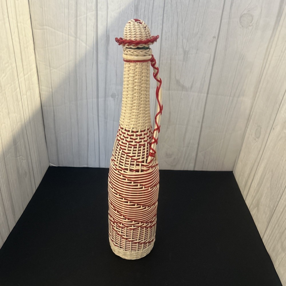 Vintage Plastic Wicker Wrapped Wine Bottle Decanter Mid Century Bohemian Style