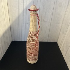 Vintage Plastic Wicker Wrapped Wine Bottle Decanter Mid Century Bohemian Style