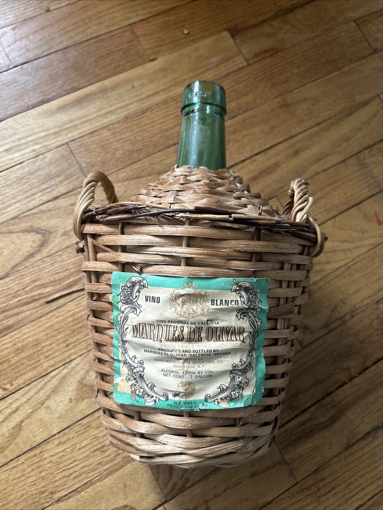 VINTAGE MARQUES De OLIVAR GREEN GLASS WICKER WINE BOTTLE w/HANDLES