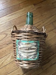 VINTAGE MARQUES De OLIVAR GREEN GLASS WICKER WINE BOTTLE w/HANDLES