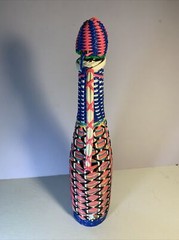 Vintage Woven Plastic Wine Bottle Art with Lid Spain 15&Prime; Tall Retro