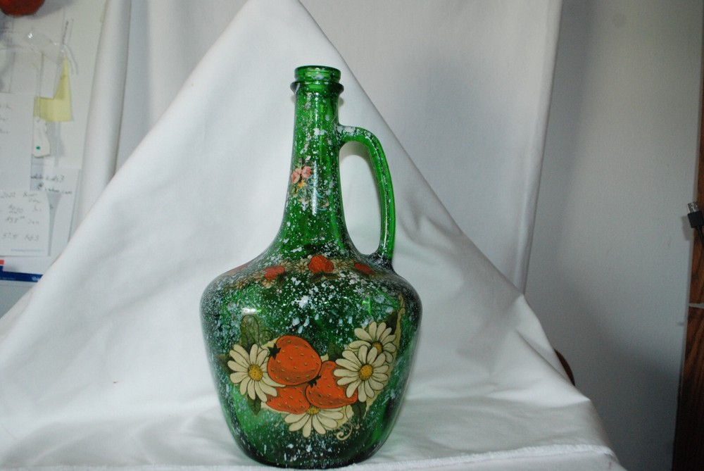 Hand Painted strawberries floral Half Gallon Glass Jug Wine Bottle Folk Art