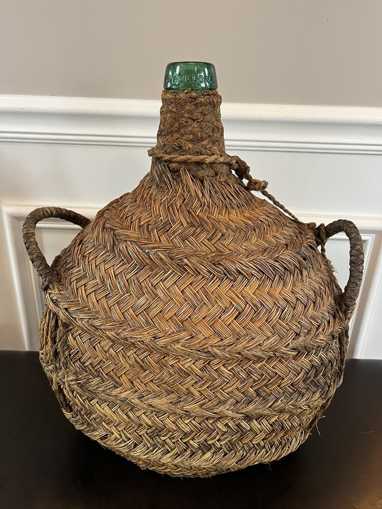 Demijohn Green Bottle Vintage Made In Barcelona Mark VBSA Wrapped In Wicker