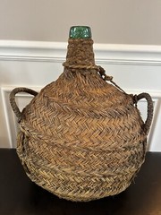 Demijohn Green Bottle Vintage Made In Barcelona Mark VBSA Wrapped In Wicker
