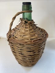 Vtg Wicker Wrapped Demijohn De Muller Viresa Spain Green Glass Wine Bottle 13”H*