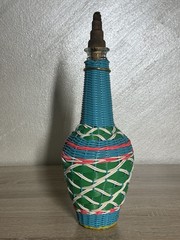 Vintage Spain Wine Bottle Plastic Woven Wicker Metal Handle